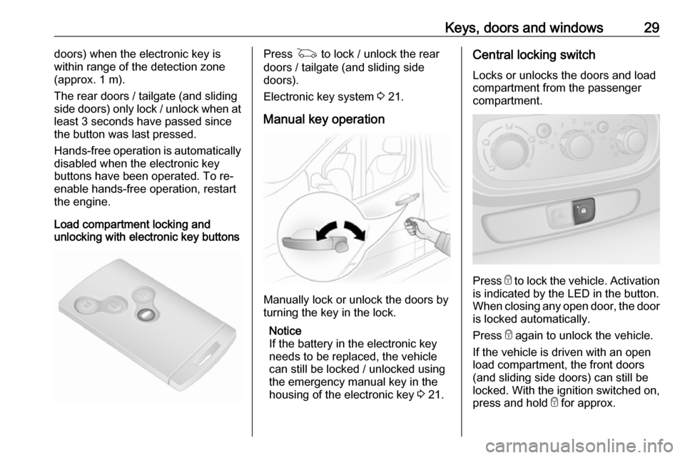 VAUXHALL VIVARO 2019 User Guide Keys, doors and windows29doors) when the electronic key is
within range of the detection zone
(approx. 1 m).
The rear doors / tailgate (and sliding
side doors) only lock / unlock when at
least 3 secon VAUXHALL VIVARO 2019 User Guide Keys, doors and windows29doors) when the electronic key is
within range of the detection zone
(approx. 1 m).
The rear doors / tailgate (and sliding
side doors) only lock / unlock when at
least 3 secon