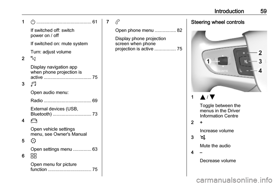 VAUXHALL VIVARO C 2020 Infotainment system Introduction591).......................................... 61
If switched off: switch
power on / off
If switched on: mute system
Turn: adjust volume
2 c
Display navigation app
when phone projection is VAUXHALL VIVARO C 2020 Infotainment system Introduction591).......................................... 61
If switched off: switch
power on / off
If switched on: mute system
Turn: adjust volume
2 c
Display navigation app
when phone projection is