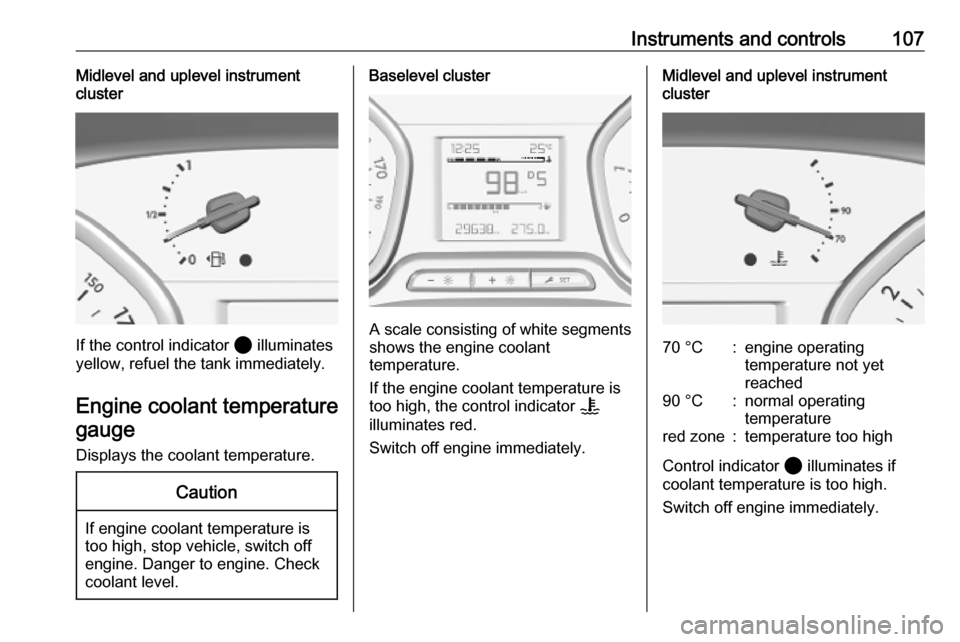 VAUXHALL VIVARO C 2020  Owners Manual Instruments and controls107Midlevel and uplevel instrument
cluster
If the control indicator  2 illuminates
yellow, refuel the tank immediately.
Engine coolant temperature gauge
Displays the coolant te