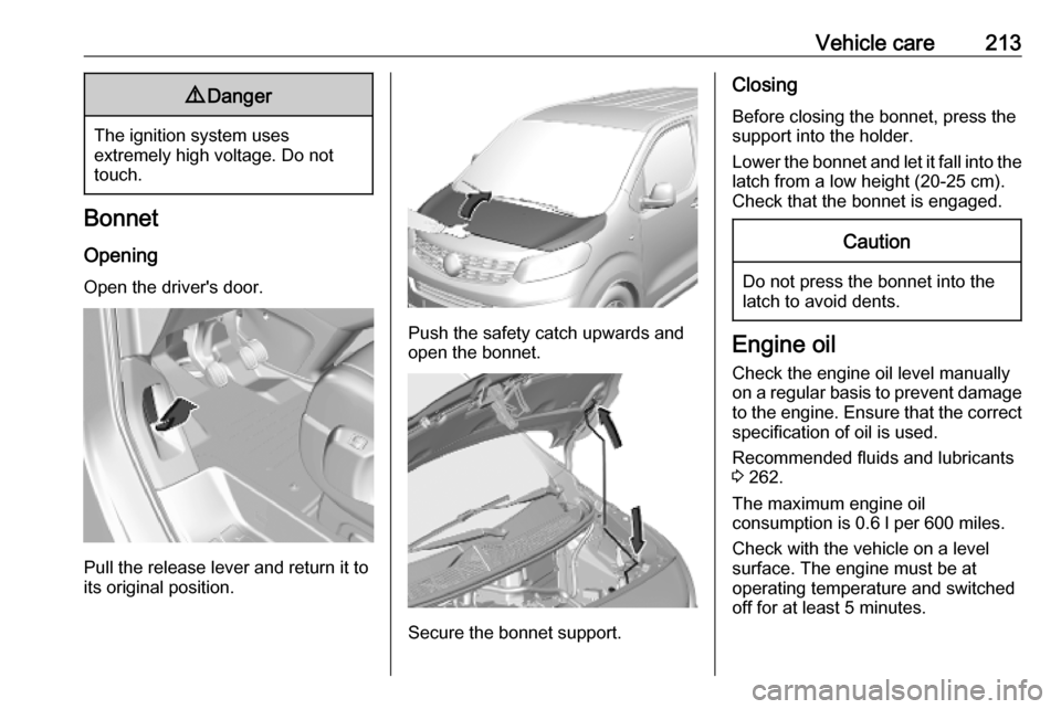 VAUXHALL VIVARO C 2020  Owners Manual Vehicle care2139Danger
The ignition system uses
extremely high voltage. Do not
touch.
Bonnet
Opening
Open the drivers door.
Pull the release lever and return it to
its original position.
Push the saf