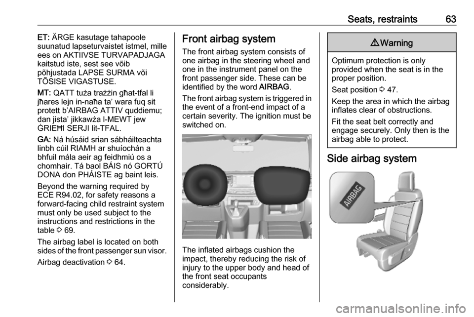 VAUXHALL VIVARO C 2020  Owners Manual Seats, restraints63ET: ÄRGE kasutage tahapoole
suunatud lapseturvaistet istmel, mille
ees on AKTIIVSE TURVAPADJAGA
kaitstud iste, sest see võib
põhjustada LAPSE SURMA või
TÕSISE VIGASTUSE.
MT:  Q