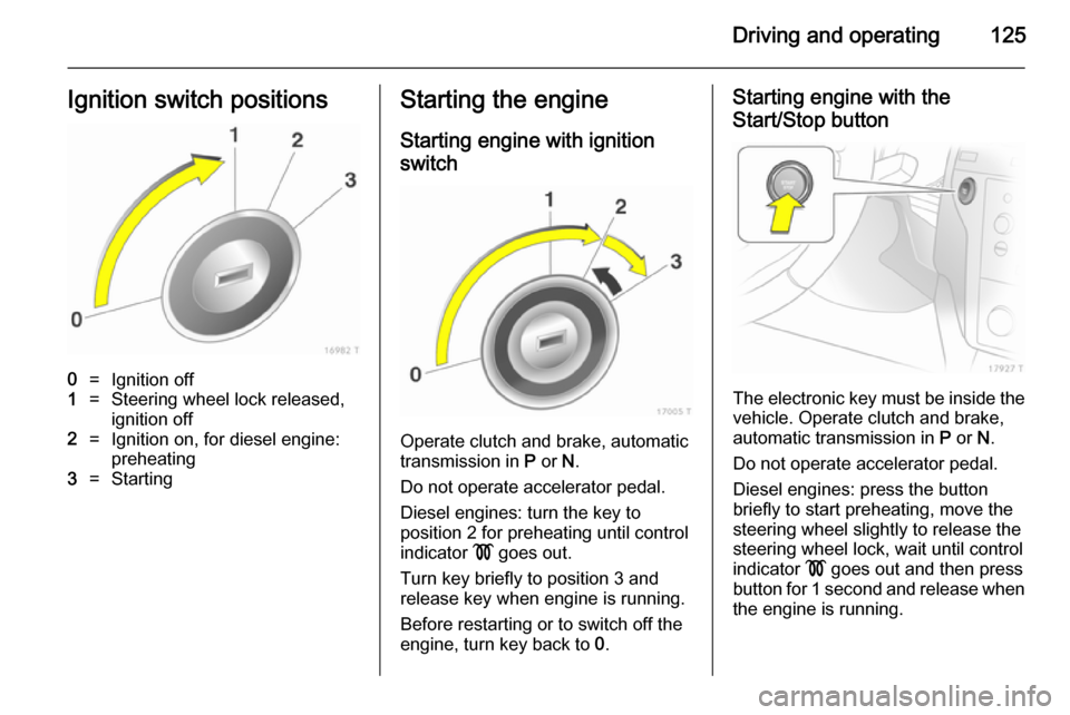 VAUXHALL ZAFIRA 2014 User Guide Driving and operating125Ignition switch positions0=Ignition off1=Steering wheel lock released,ignition off2=Ignition on, for diesel engine:
preheating3=StartingStarting the engine
Starting engine with VAUXHALL ZAFIRA 2014 User Guide Driving and operating125Ignition switch positions0=Ignition off1=Steering wheel lock released,ignition off2=Ignition on, for diesel engine:
preheating3=StartingStarting the engine
Starting engine with
