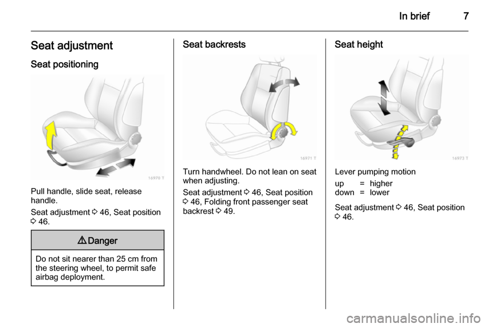 VAUXHALL ZAFIRA 2014  Owners Manual In brief7Seat adjustmentSeat positioning
Pull handle, slide seat, release
handle.
Seat adjustment  3 46, Seat position
3  46.
9 Danger
Do not sit nearer than 25 cm from
the steering wheel, to permit s