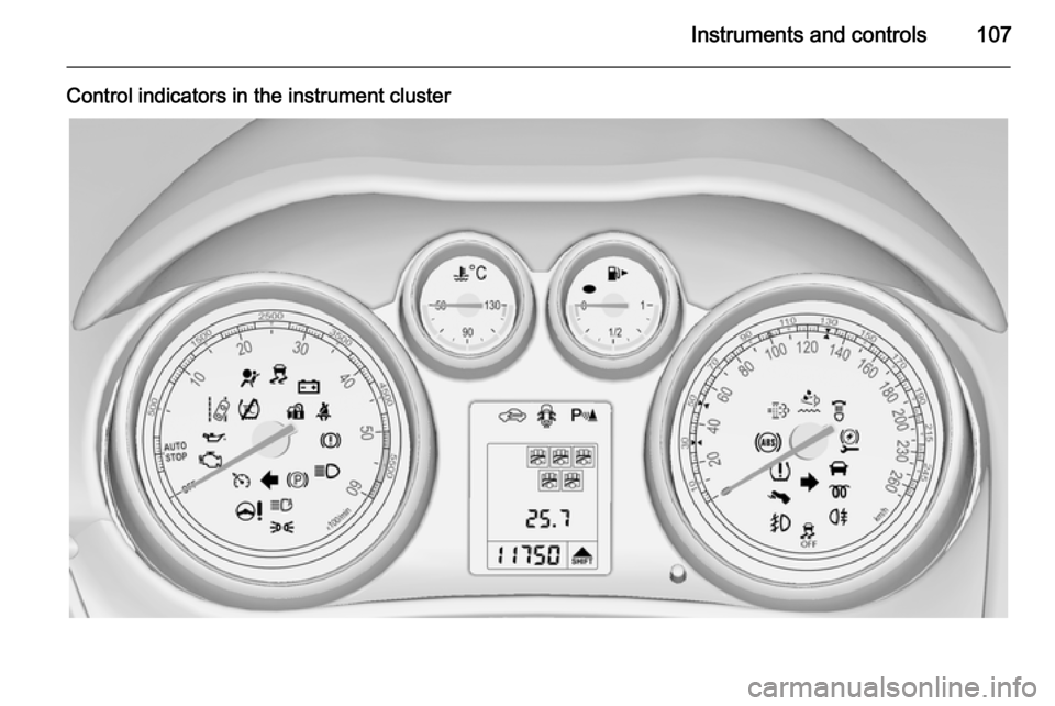 VAUXHALL ZAFIRA TOURER 2014  Owners Manual Instruments and controls107
Control indicators in the instrument cluster 