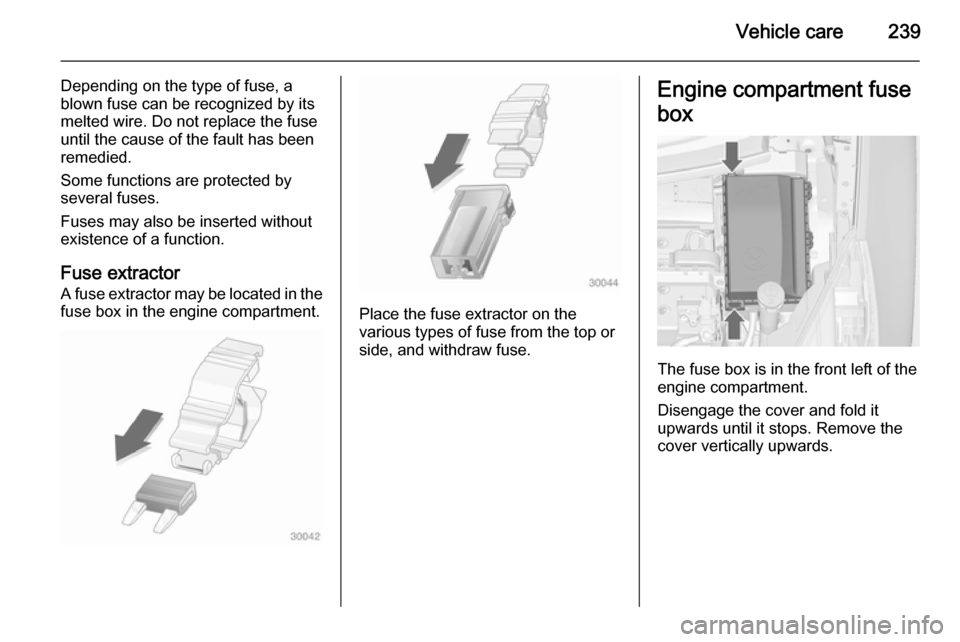 VAUXHALL ZAFIRA TOURER 2014 Owners Manual Vehicle care239
Depending on the type of fuse, a
blown fuse can be recognized by its
melted wire. Do not replace the fuse
until the cause of the fault has been
remedied.
Some functions are protected b VAUXHALL ZAFIRA TOURER 2014 Owners Manual Vehicle care239
Depending on the type of fuse, a
blown fuse can be recognized by its
melted wire. Do not replace the fuse
until the cause of the fault has been
remedied.
Some functions are protected b