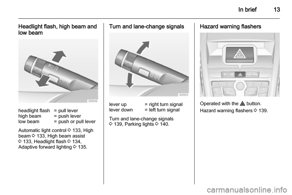 VAUXHALL ZAFIRA TOURER 2015  Owners Manual In brief13
Headlight flash, high beam and
low beamheadlight flash=pull leverhigh beam=push leverlow beam=push or pull lever
Automatic light control  3 133, High
beam  3 133, High beam assist
3  133, H
