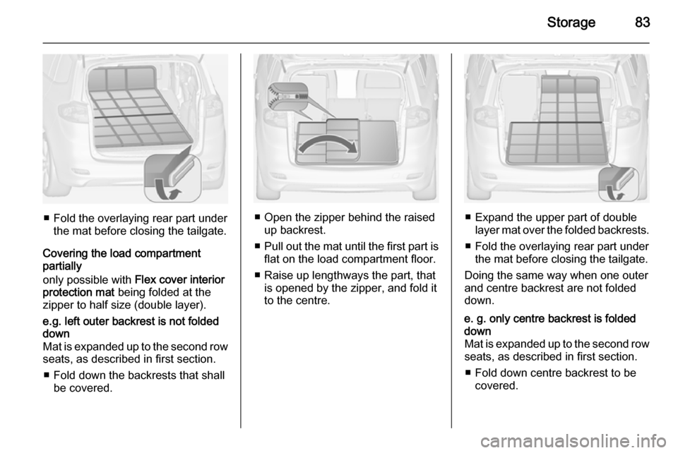 VAUXHALL ZAFIRA TOURER 2015  Owners Manual Storage83
■ Fold the overlaying rear part underthe mat before closing the tailgate.
Covering the load compartment
partially
only possible with  Flex cover interior
protection mat  being folded at th