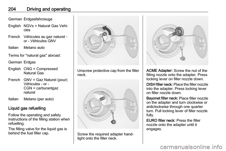 VAUXHALL ZAFIRA TOURER 2017  Owners Manual 204Driving and operatingGermanErdgasfahrzeugeEnglishNGVs = Natural Gas Vehi‐clesFrenchVéhicules au gaz naturel -
or - Véhicules GNVItalianMetano auto
Terms for "natural gas" abroad:
GermanErdgasEn