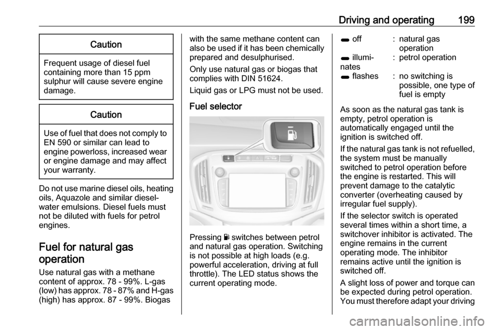 VAUXHALL ZAFIRA TOURER 2017.5 Owners Manual Driving and operating199Caution
Frequent usage of diesel fuelcontaining more than 15 ppm
sulphur will cause severe engine
damage.
Caution
Use of fuel that does not comply to EN 590 or similar can lead VAUXHALL ZAFIRA TOURER 2017.5 Owners Manual Driving and operating199Caution
Frequent usage of diesel fuelcontaining more than 15 ppm
sulphur will cause severe engine
damage.
Caution
Use of fuel that does not comply to EN 590 or similar can lead