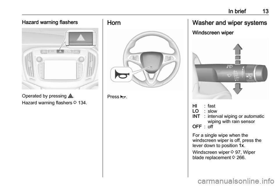 VAUXHALL ZAFIRA TOURER 2018 User Guide In brief13Hazard warning flashers
Operated by pressing ¨.
Hazard warning flashers  3 134.
Horn
Press  j.
Washer and wiper systems
Windscreen wiperHI:fastLO:slowINT:interval wiping or automatic
wiping