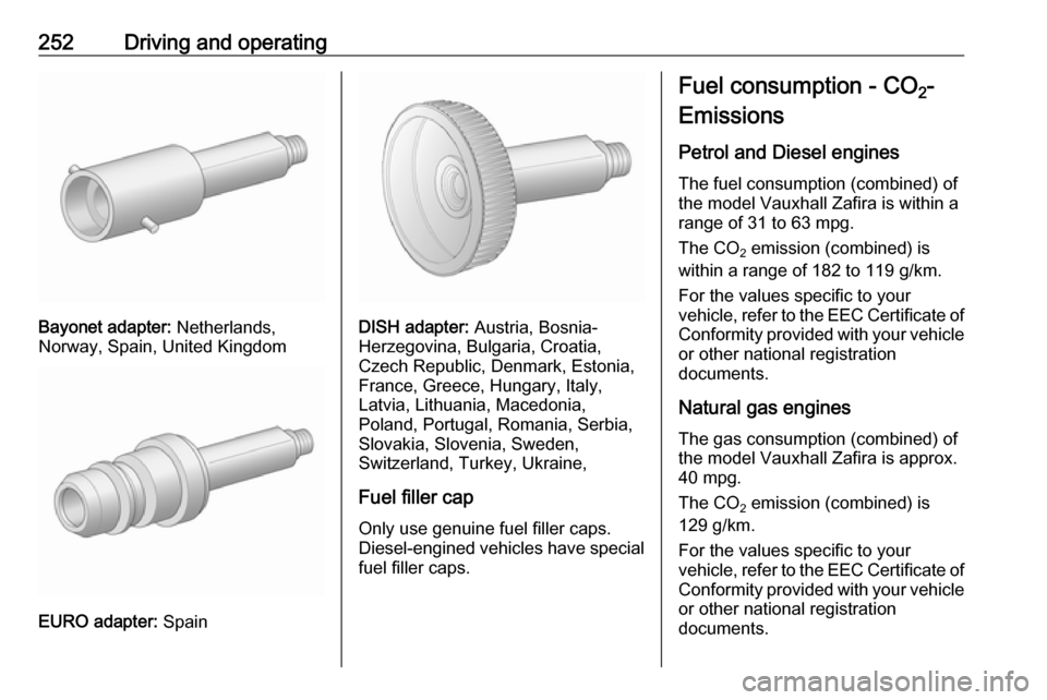 VAUXHALL ZAFIRA TOURER 2018  Owners Manual 252Driving and operating
Bayonet adapter: Netherlands,
Norway, Spain, United Kingdom
EURO adapter:  Spain
DISH adapter: Austria, Bosnia-
Herzegovina, Bulgaria, Croatia,
Czech Republic, Denmark, Estoni