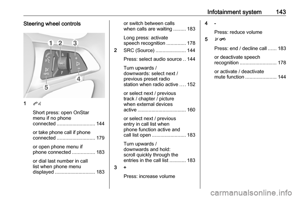 VAUXHALL ZAFIRA TOURER 2018.5 Owners Manual Infotainment system143Steering wheel controls
1qw
Short press: open OnStar
menu if no phone
connected ........................... 144
or take phone call if phone connected ........................... VAUXHALL ZAFIRA TOURER 2018.5 Owners Manual Infotainment system143Steering wheel controls
1qw
Short press: open OnStar
menu if no phone
connected ........................... 144
or take phone call if phone connected ...........................