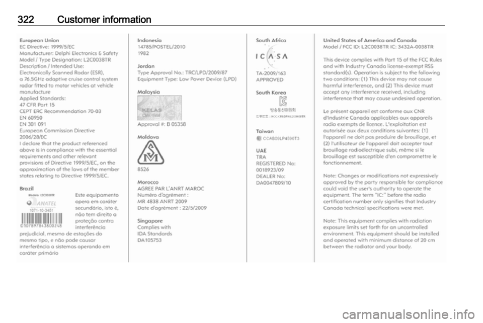 VAUXHALL ZAFIRA TOURER 2018.5  Owners Manual 322Customer information 