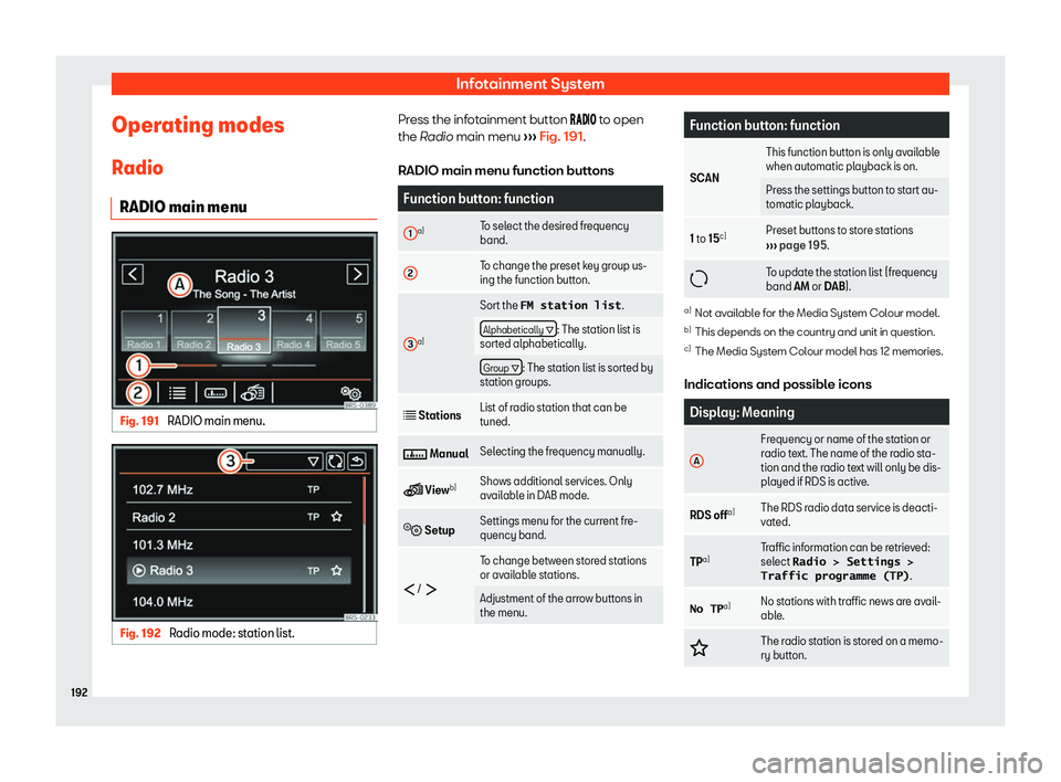 Seat Alhambra 2020  Owners Manual Infotainment System
Operating modes R adio
RADIO main menu Fig. 191 
RADIO main menu. Fig. 192 
Radio mode: station list. Press the infotainment button ��
���
 to open
the  Radio main m