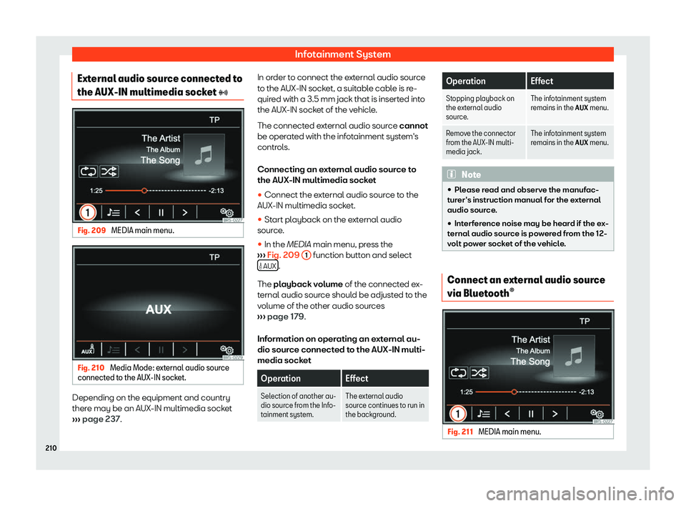 Seat Alhambra 2020  Owners Manual Infotainment System
External audio source connected to
the AUX-IN multimedia sock et 
� Fig. 209 
MEDIA main menu. Fig. 210 
Media Mode: external audio source
connect ed t
o the AUX-IN sock et.Depe