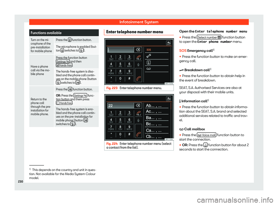 Seat Alhambra 2020  Owners Manual Infotainment System
Functions available
Turn on the mi-
crophone of the
pre-install ation
f
or mobile phone Press the 
�  function button.
The microphone is enabled (but-
t on  �  switches to 
�