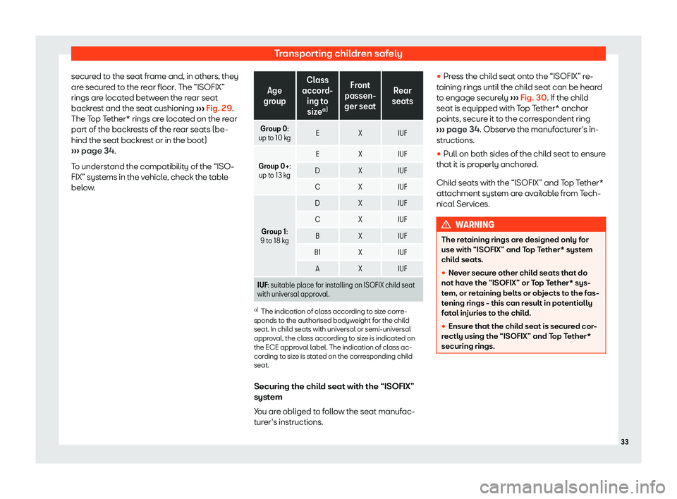 Seat Alhambra 2020 Owners Guide Transporting children safely
secured to the seat frame and, in others, they
ar e secur
ed to the r
ear fl
oor. The “ISOFIX”
rings are located between the rear seat
backrest and the seat cushioning