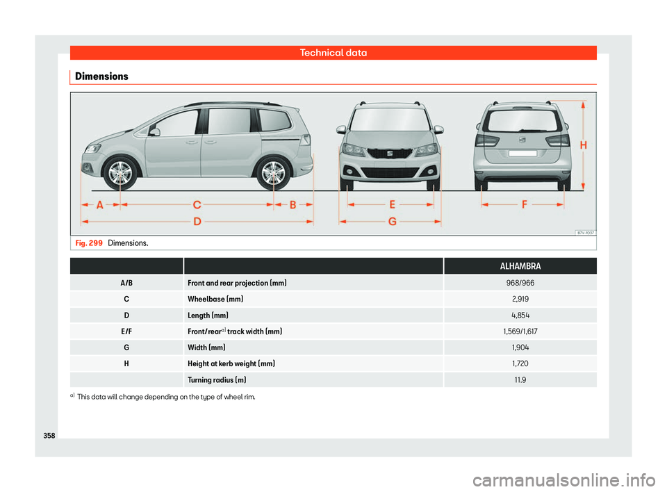 Seat Alhambra 2020  Owners Manual Technical data
Dimensions Fig. 299 
Dimensions.  
  ALHAMBRA
A/B Front and rear projection (mm) 968/966
C Wheelbase (mm) 2,919
D Length (mm) 4,854
E/F Front/reara)
 track width (mm) 1,569/1,617
G Widt