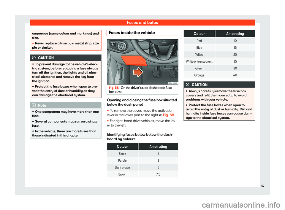 Seat Alhambra 2020  Owners Manual Fuses and bulbs
amperage (same colour and markings) and
size.
