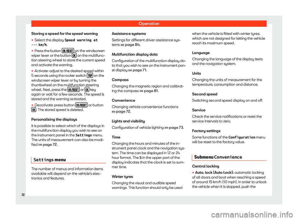 Seat Alhambra 2020 Manual PDF Operation
Storing a speed for the speed warning
