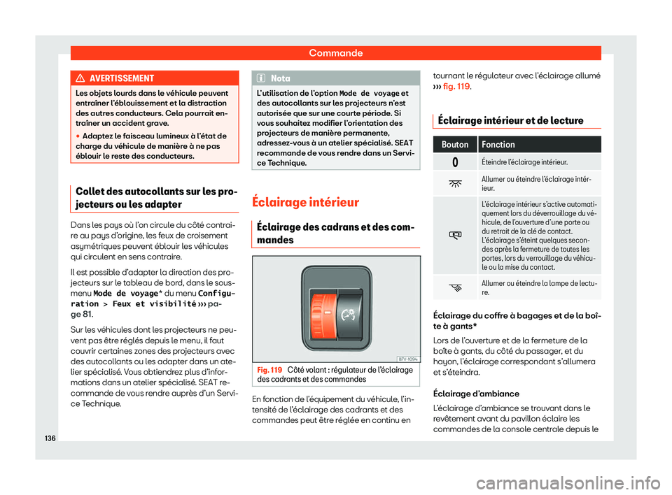 Seat Alhambra 2020  Manuel du propriétaire (in French)  Commande
AVERTISSEMENT
Les objets lourds dans le véhicule peuvent
entr aîner l
’éblouissement et la distraction
des autres conducteurs. Cela pourrait en-
traîner un accident grave.
