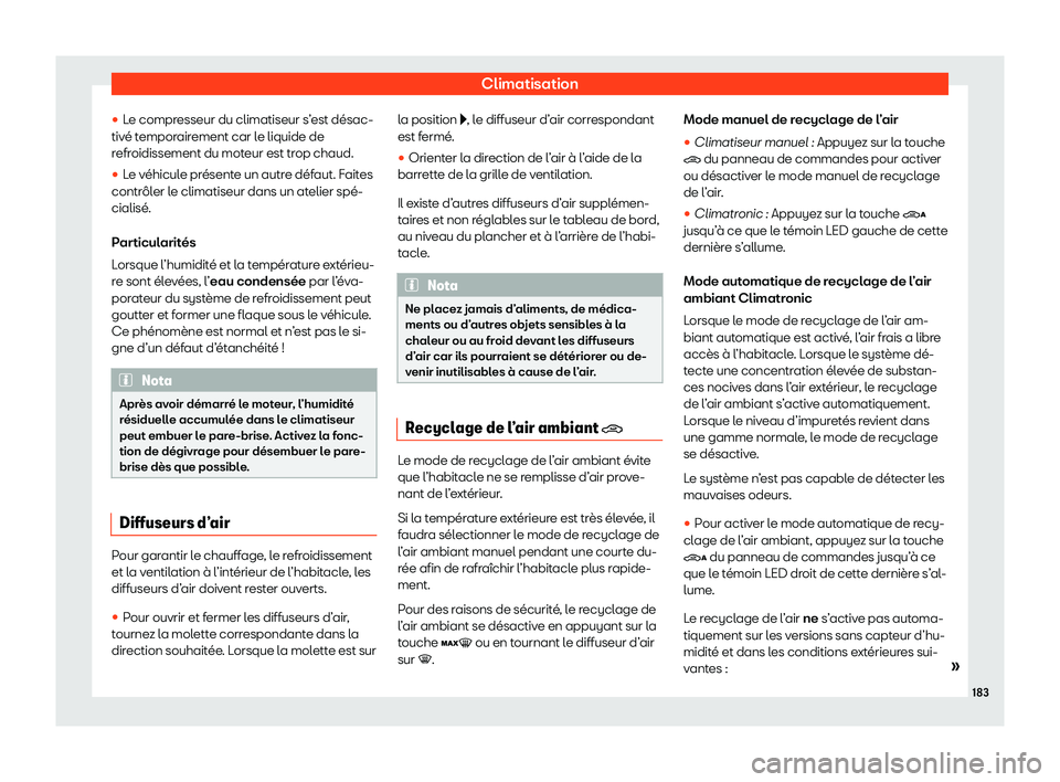 Seat Alhambra 2020  Manuel du propriétaire (in French)  Climatisation
