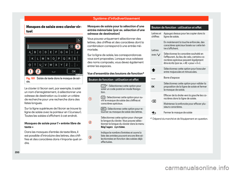 Seat Alhambra 2020  Manuel du propriétaire (in French)  Système d’infodivertissement
Masques de saisie avec clavier vir-
t uel Fig. 181 
Saisie de texte dans le masque de sai-
sie . Le clavier à l’écran sert, par exemple, à saisir
un nom d’
enr
e