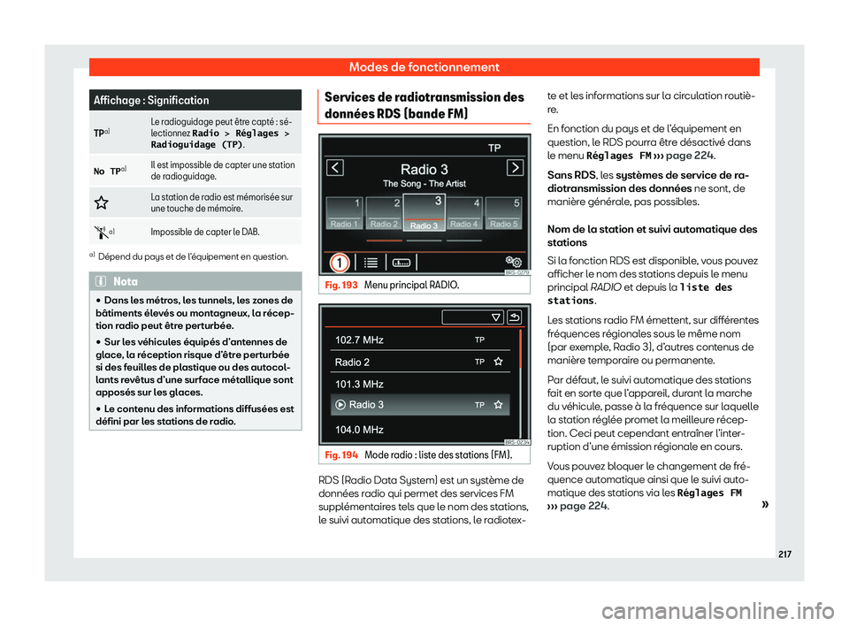 Seat Alhambra 2020  Manuel du propriétaire (in French)  Modes de fonctionnement
Affichage : Signification
TP a) Le radioguidage peut 