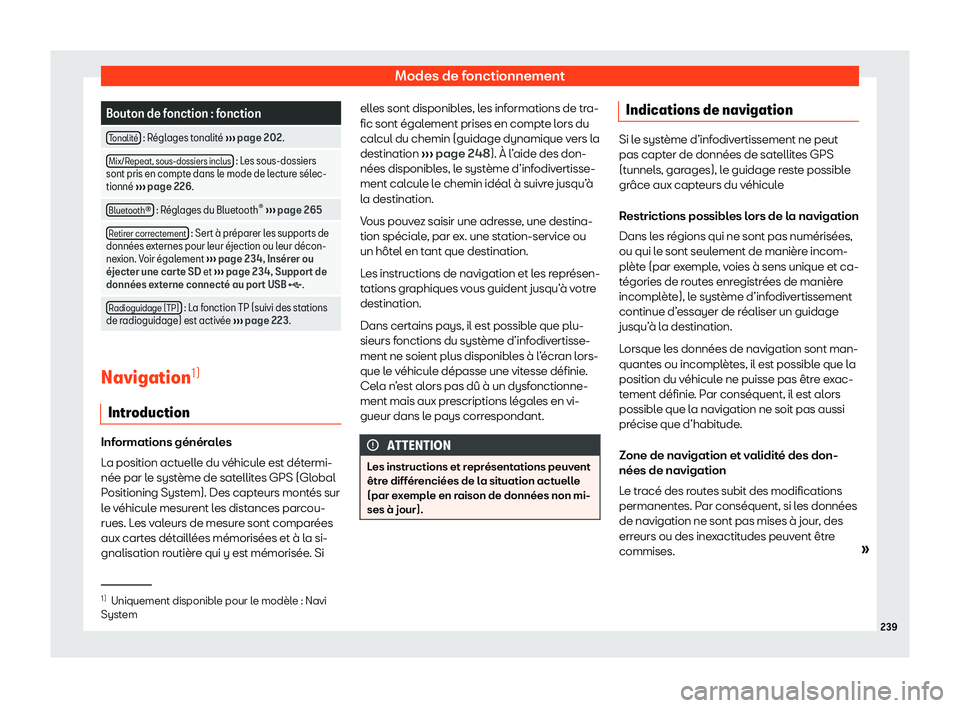 Seat Alhambra 2020  Manuel du propriétaire (in French)  Modes de fonctionnement
Bouton de fonction : fonction
Tonalit