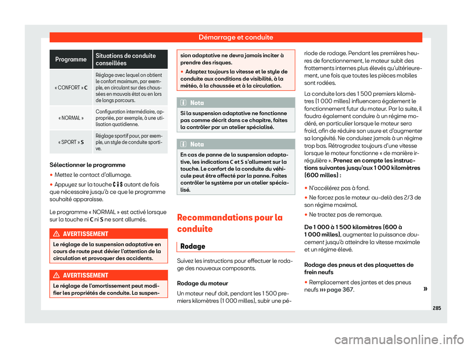 Seat Alhambra 2020  Manuel du propriétaire (in French)  Démarrage et conduite
Programme
Situations de conduite
conseill
