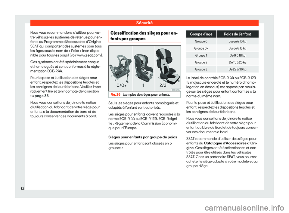 Seat Alhambra 2020  Manuel du propriétaire (in French)  Sécurité
Nous vous recommandons d’utiliser pour vo-
tr e v
éhicule les systèmes de retenue pour en-
fants du Programme d’Accessoires d’Origine
SEAT qui comportent des systèmes pour tous
les