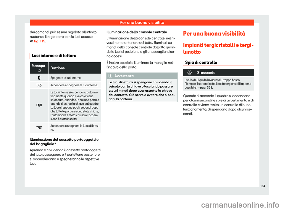 Seat Alhambra 2020  Manuale del proprietario (in Italian) Per una buona visibilità
dei comandi può essere regolata all’infinito
ruot ando il r
egolatore con le luci accese
›››  fig. 119.
Luci interne e di lettura Manopo-
la Funzione
� Spegner

e