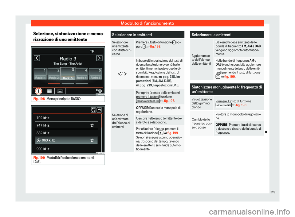 Seat Alhambra 2020  Manuale del proprietario (in Italian) Modalità di funzionamento
Selezione, sintonizzazione e memo-
rizz azione di una emitt
enteFig. 198
Menu principale RADIO. Fig. 199
Modalit