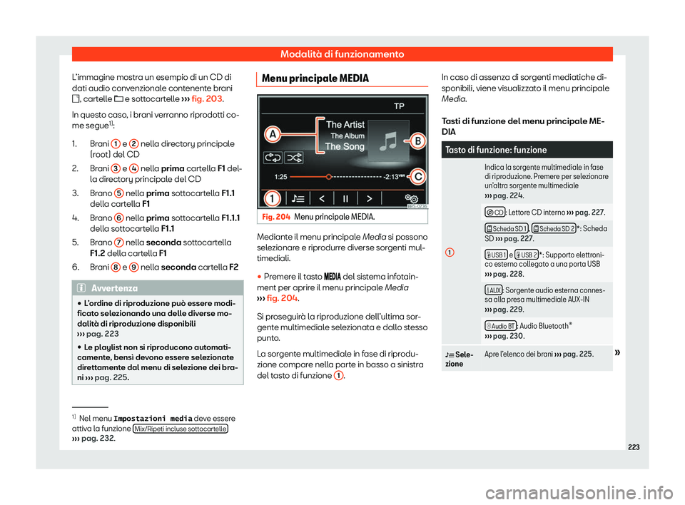 Seat Alhambra 2020  Manuale del proprietario (in Italian) Modalità di funzionamento
L’immagine mostra un esempio di un CD di
dati audio conv enzional
e contenente brani
�, cartelle �  e sottocartelle 
››› fig. 203.
In questo caso, i brani verr