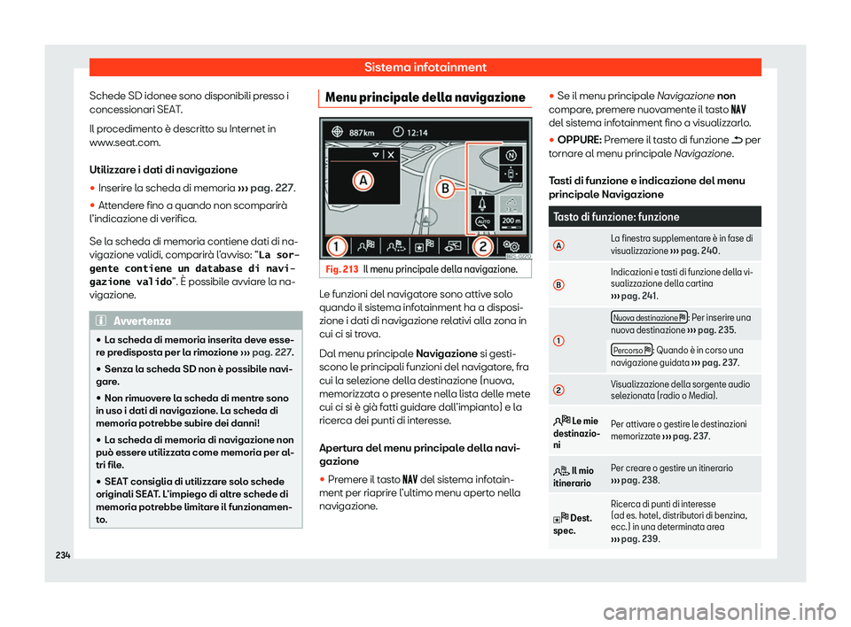 Seat Alhambra 2020  Manuale del proprietario (in Italian) Sistema infotainment
Schede SD idonee sono disponibili presso i
concessionari SEAT .
Il pr
ocedimento è descritto su Internet in
www.seat.com.
Utilizzare i dati di navigazione
