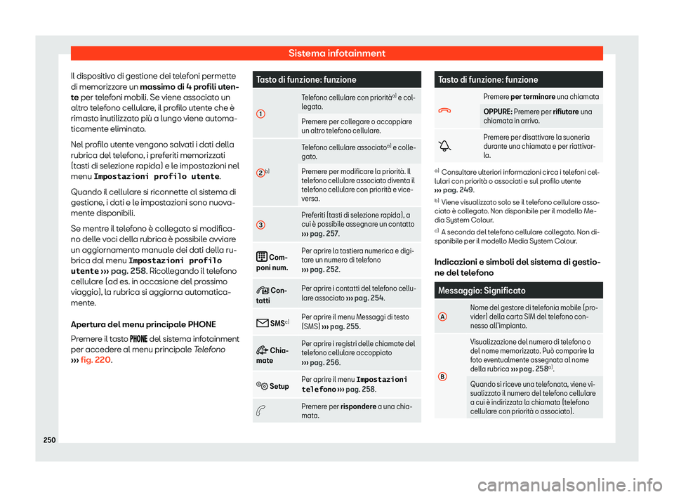 Seat Alhambra 2020  Manuale del proprietario (in Italian) Sistema infotainment
Il dispositivo di gestione dei telefoni permette
di memorizz ar
e un massimo di 4 profili uten-
te per telefoni mobili. Se viene associato un
altro telefono cellulare, il profilo 