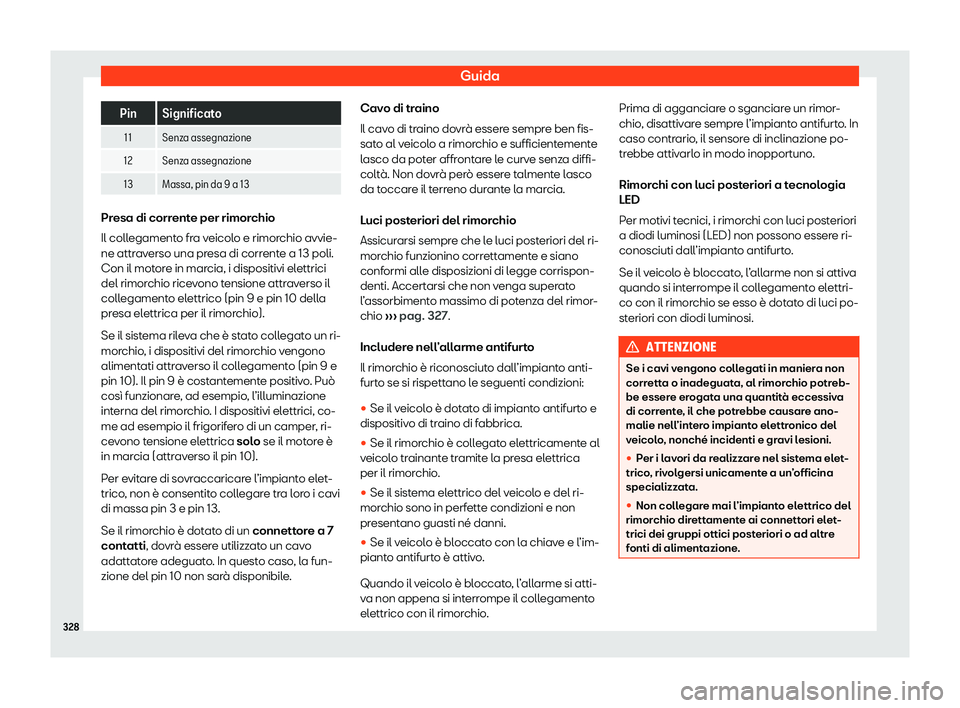 Seat Alhambra 2020  Manuale del proprietario (in Italian) Guida
Pin Significato
11 Senza assegnazione
12 Senza assegnazione
13 Massa, pin da 9 a 13 Presa di corrente per rimorchio
Il coll
egament
o fra veicolo e rimorchio avvie-
ne attraverso una presa di co