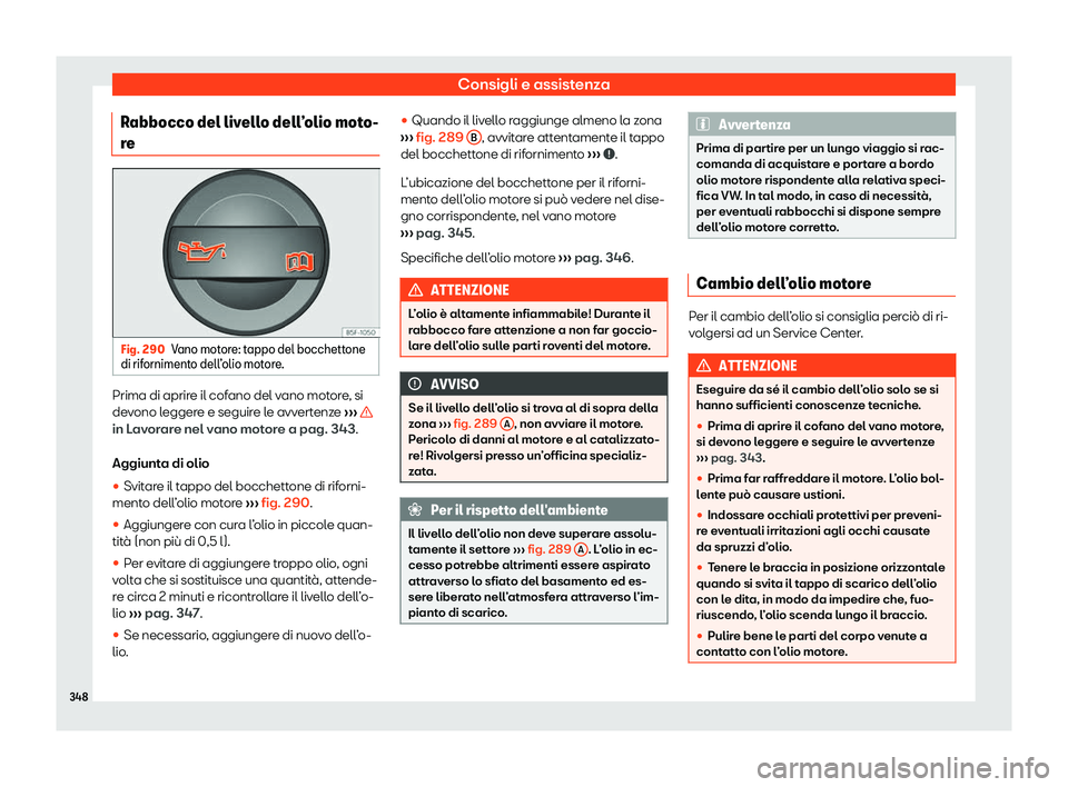 Seat Alhambra 2020  Manuale del proprietario (in Italian) Consigli e assistenza
Rabbocco del livello dell