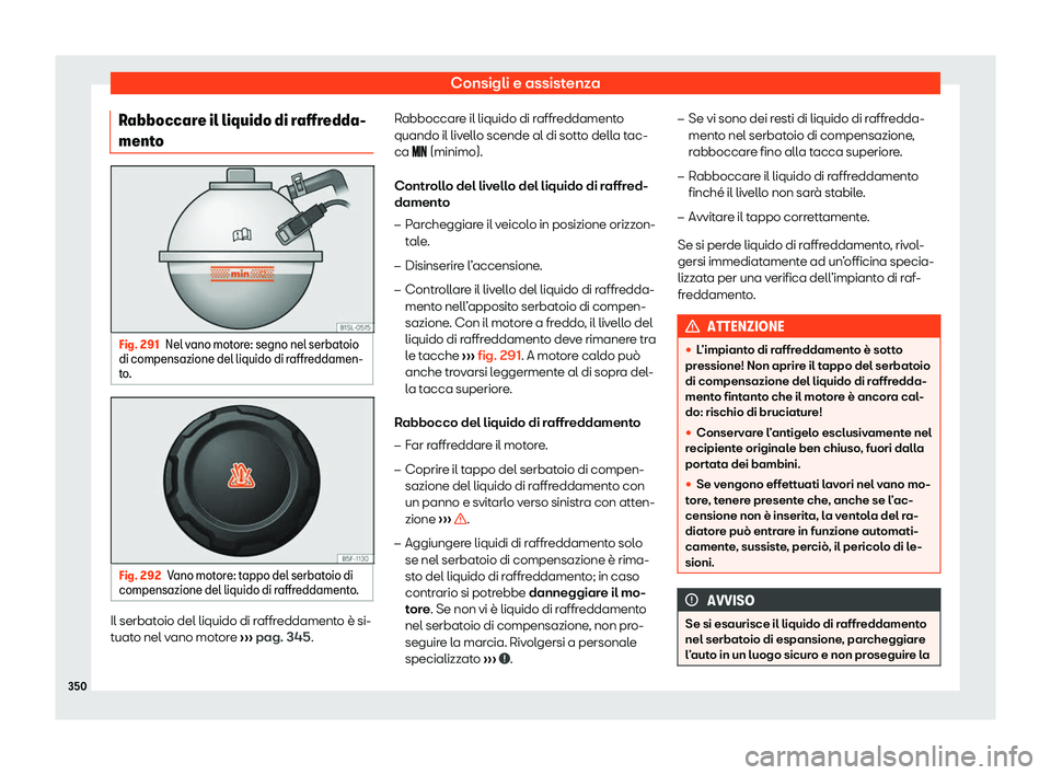Seat Alhambra 2020  Manuale del proprietario (in Italian) Consigli e assistenza
Rabboccare il liquido di raffredda-
ment o Fig. 291
Nel vano motore: segno nel serbatoio
di compensazione del liquido di r affr
eddamen-
to. Fig. 292
Vano motore: tappo del serba
