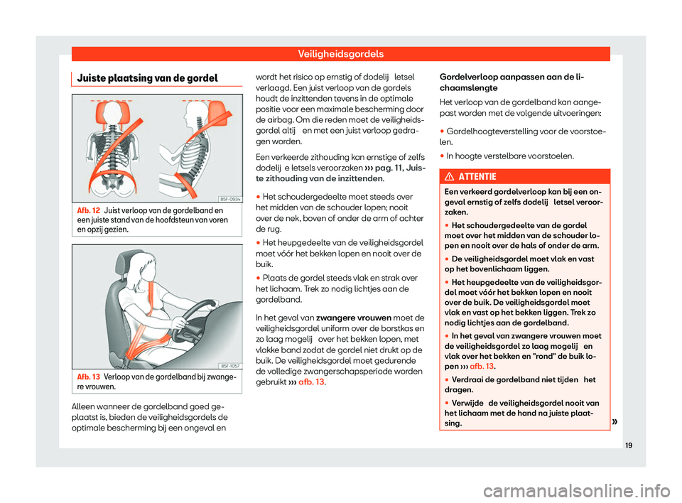 Seat Alhambra 2020  Handleiding (in Dutch) Veiligheidsgordels
Juiste plaatsing van de gordel Afb. 12
Juist verloop van de gordelband en
een juist e st
and van de hoofdsteun van voren
en opz