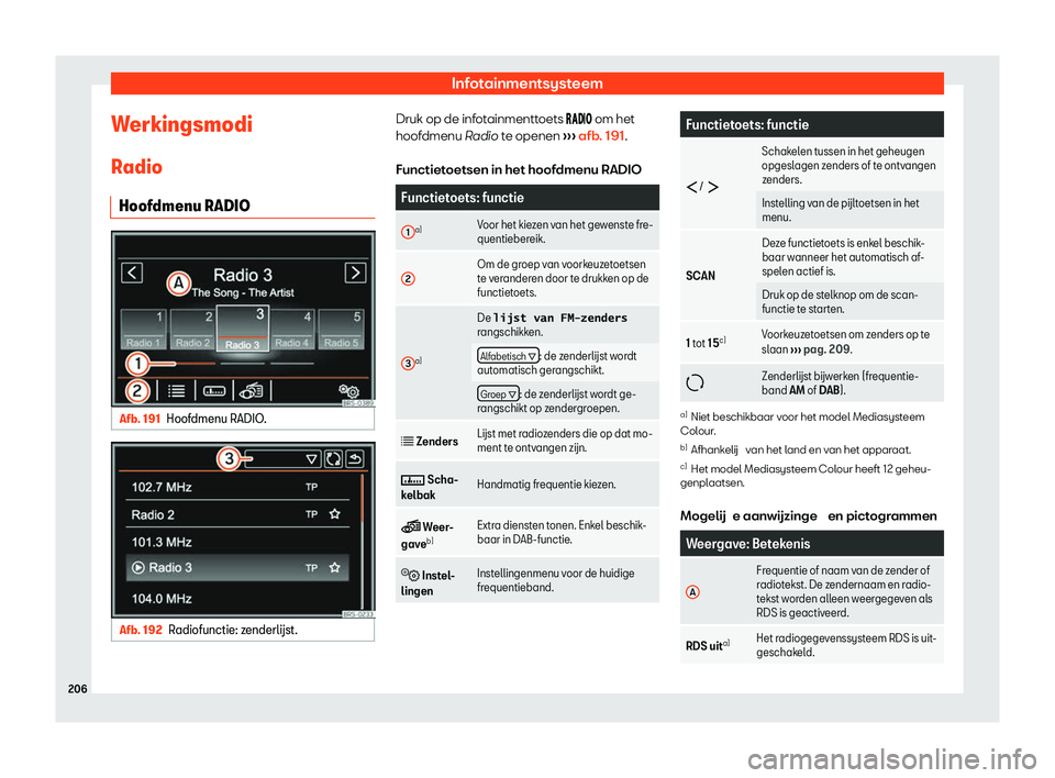 Seat Alhambra 2020  Handleiding (in Dutch) Infotainmentsysteem
Werkingsmodi R adio
Hoof
dmenu RADIO Afb. 191
Hoofdmenu RADIO. Afb. 192
Radiofunctie: z
enderl