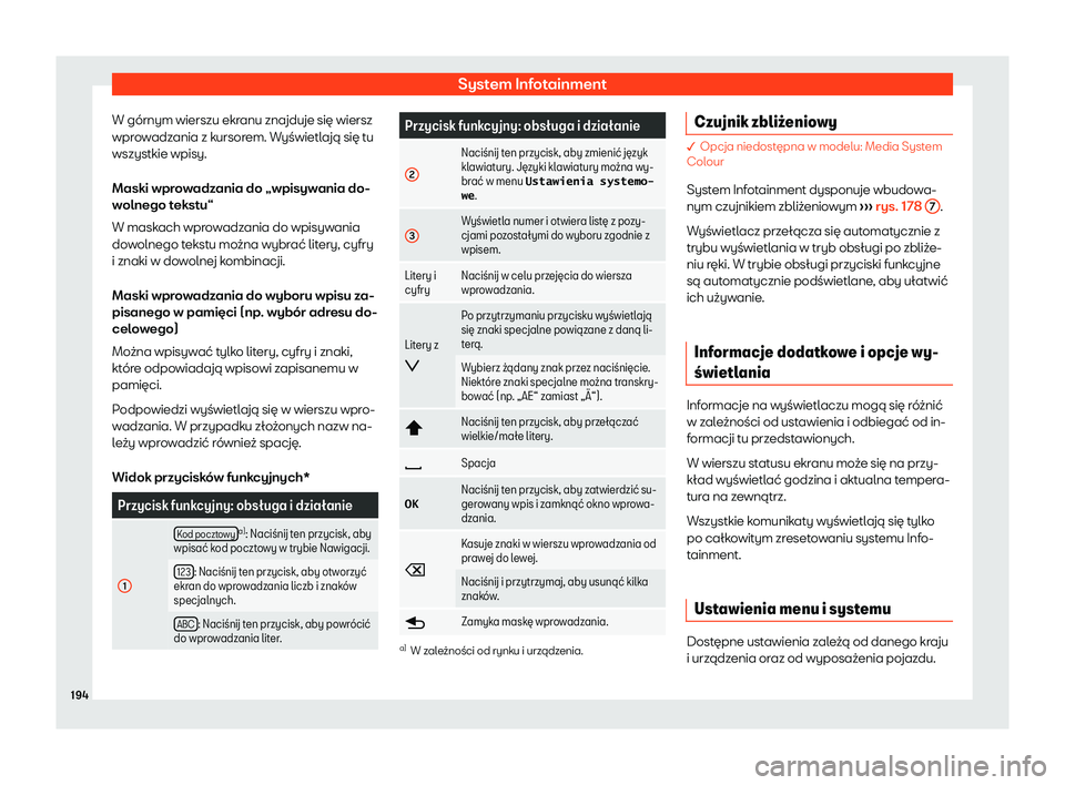 Seat Alhambra 2020  Instrukcja Obsługi (in Polish) System Infotainment
W górnym wierszu ekranu znajduje się wiersz
wpr o
wadzania z kursorem. Wyświetlają się tu
wszystkie wpisy.
Maski wprowadzania do „wpisywania do-
wolnego tekstu“
W maskach 