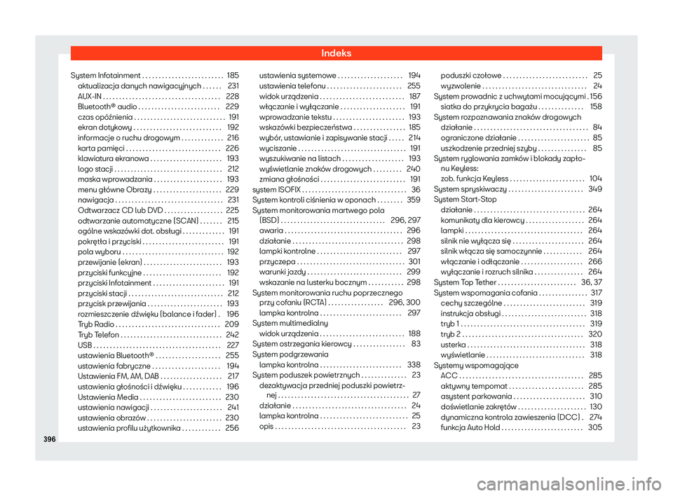 Seat Alhambra 2020  Instrukcja Obsługi (in Polish) Indeks
System Infotainment . . . . . . . . . . . . . . . . . . . . . . . . . 185 akt ualiz
acja danych nawigacyjnych . . . . . . 231
AUX-IN . . . . . . . . . . . . . . . . . . . . . . . . . . . . . . 
