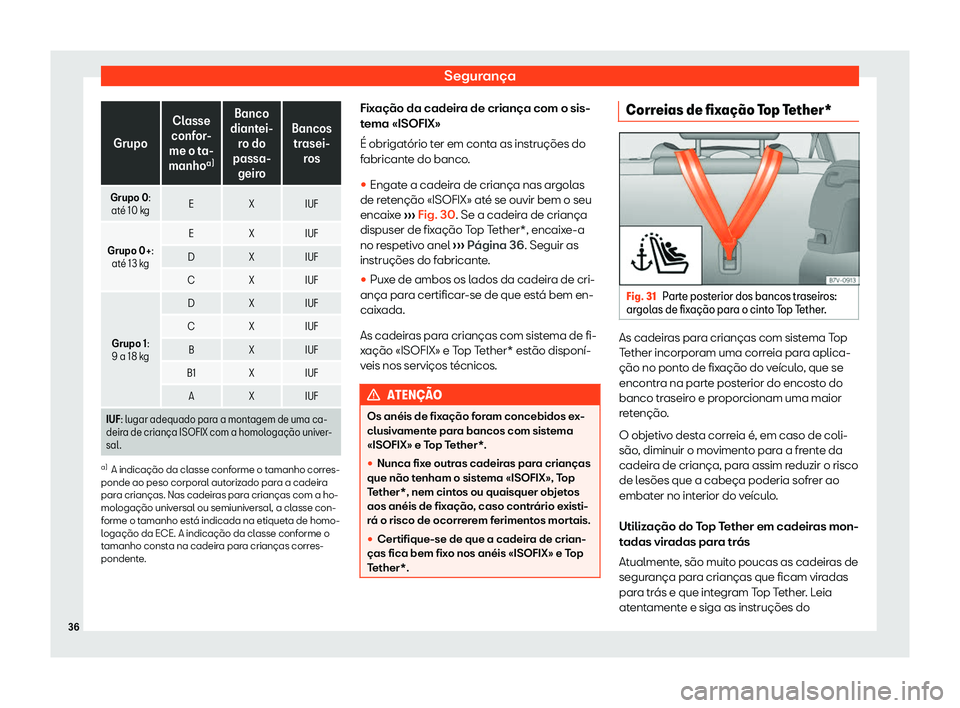 Seat Alhambra 2020  Manual do proprietário (in Portuguese)  Segurança
Grupo
Classe
conf or
-
me o ta-
manho a)Banco
diantei- r
o do
passa- geiro Bancos
tr asei-
r
os
Grupo 0: at