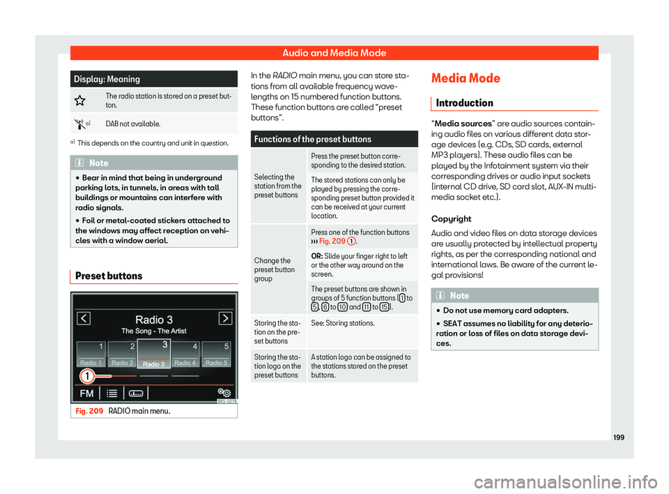 Seat Alhambra 2019  Owners Manual Audio and Media Mode
Display: Meaning
� The radio station is stored on a preset but-
ton.
�s a)
DAB not av
ailable. a)
This depends on the country and unit in question. Note
