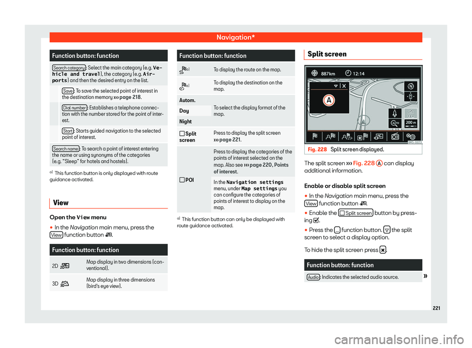 Seat Alhambra 2019  Owners Manual Navigation*
Function button: function
Search category : Select the main category (e.g. �V�e�-
�h�i�c�l�e� �a�n�d� �t�r�a�v�e�l ), the category (e.g. 
�A�i�r�-
�p�o�r�t�s ) and then the desired entry o