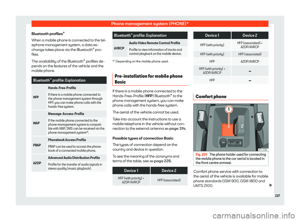 Seat Alhambra 2019  Owners Manual Phone management system (PHONE)*
Bluetooth profiles 