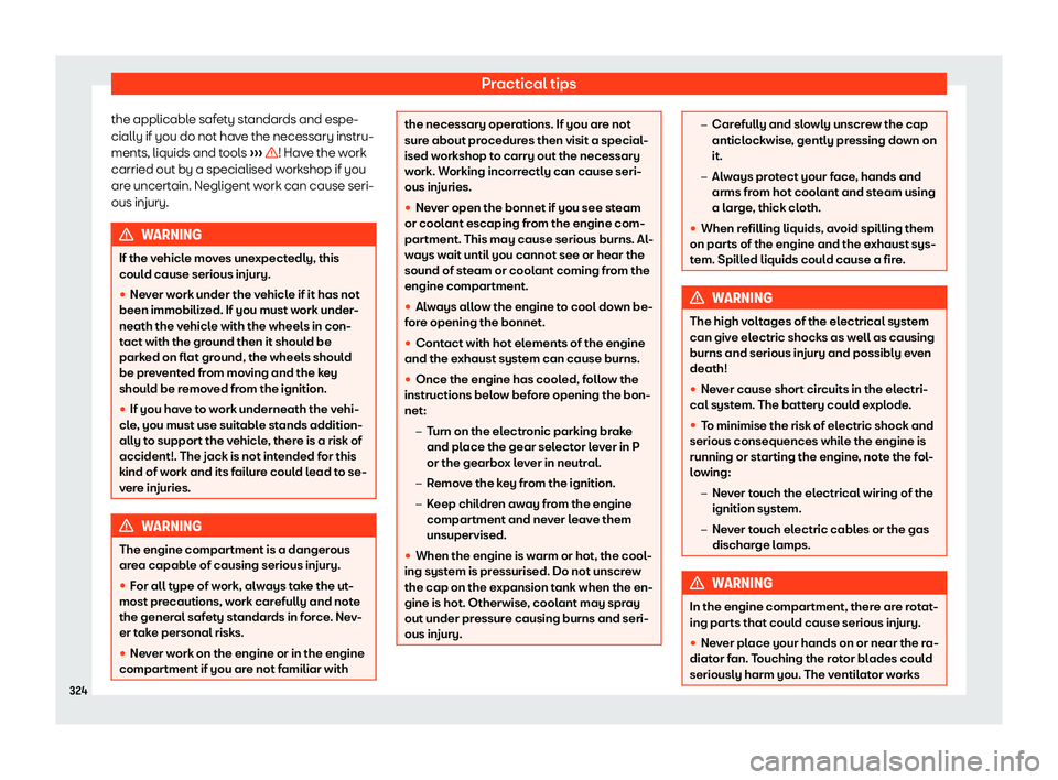Seat Alhambra 2019  Owners Manual Practical tips
the applicable safety standards and espe-
cially if you do not hav e the necessary instru-
ments, liquids and t ool
s 