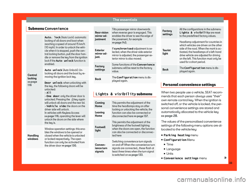 Seat Alhambra 2019 Owners Guide The essentials
Submenu �C�o�n�v�e�n�i�e�n�c�e Central
locking
