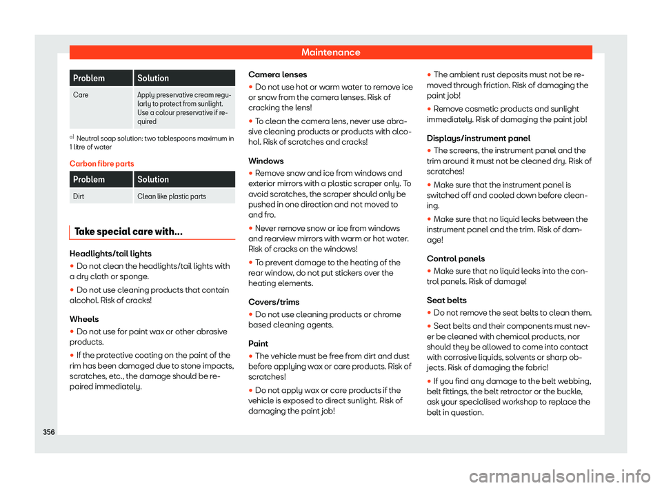 Seat Alhambra 2019  Owners Manual Maintenance
Problem Solution
Care Apply preservative cream regu-
larly to pr
otect from sunlight.
Use a colour preservative if re-
quired a)
Neutral soap solution: two tablespoons maximum in
1 litre o